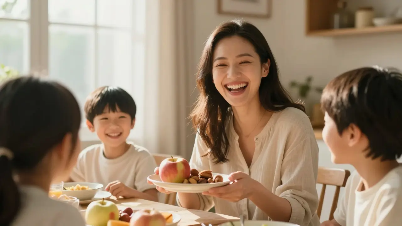 Žena se směje se svými vnoučaty během večeře, bez obav o zuby.