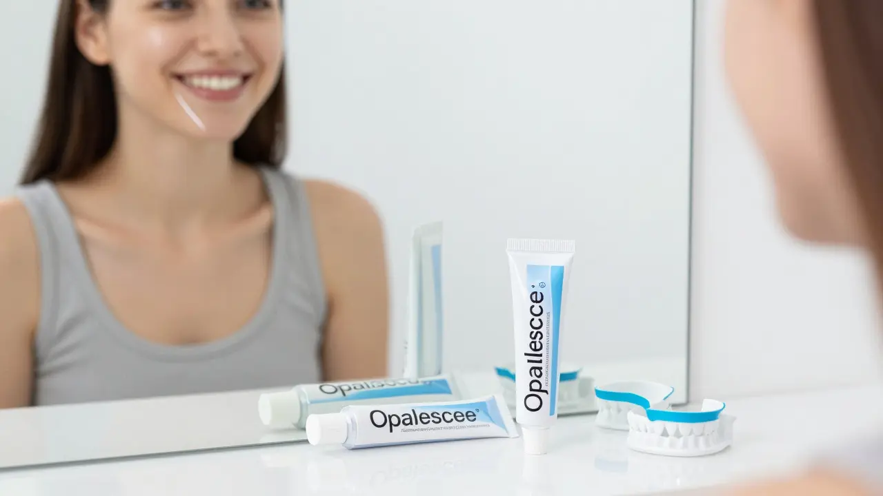 Žena se usmívá do zrcadla s bílejšími zuby a šablonami na stole.