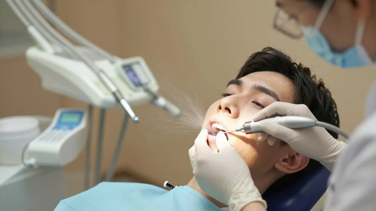 Zubní hygienička odstraňuje kámen pod dásní ultrazvukovým skalerem