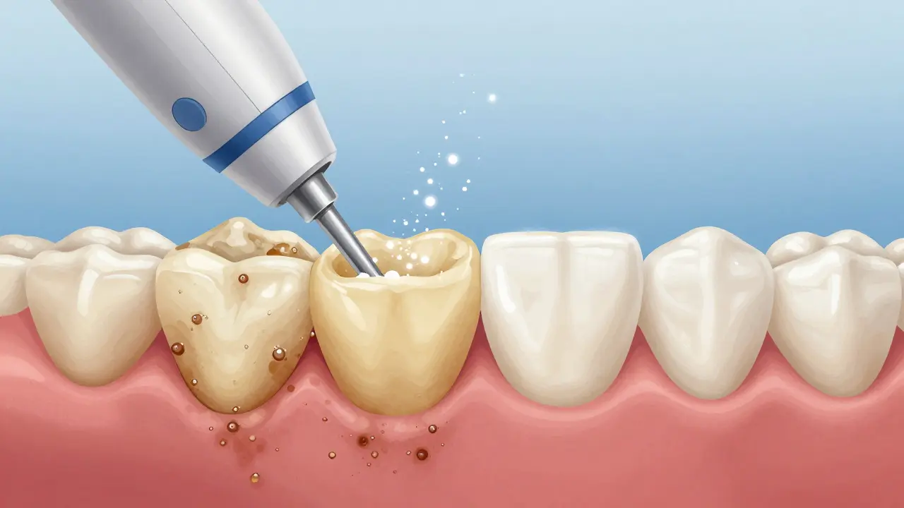 Before and after view of a tooth with tartar being removed by airflow technology.
