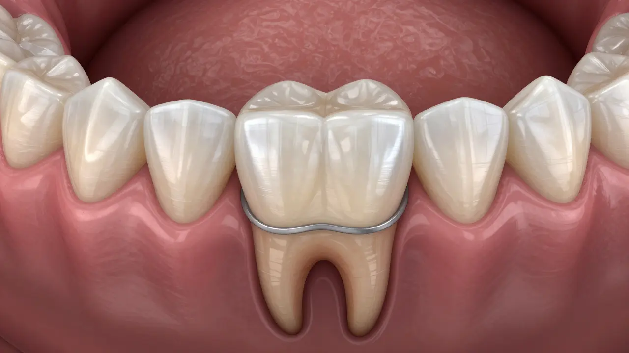 Ceramic crown perfectly fitted over a reshaped tooth with natural-looking enamel texture.