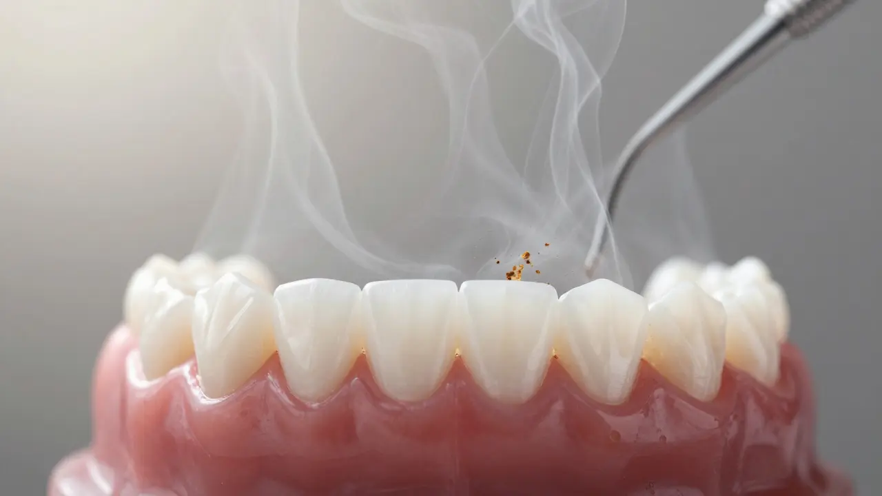 Čisté zuby s viditelnými zbytky plaku a znečištění, které byly odstraněny.