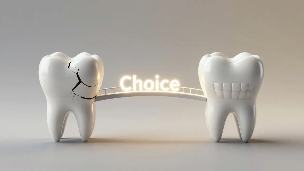 Conceptual contrast between a crooked tooth and a restored crown symbolizing dental choice.