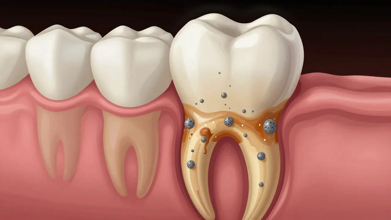 Cross-section of tooth root showing plaque turning into hardened calculus under the gumline.