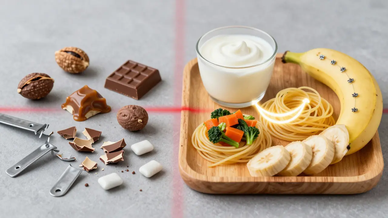 Dvě strany stravy s rovnátky: zakázané vs. bezpečné potraviny.