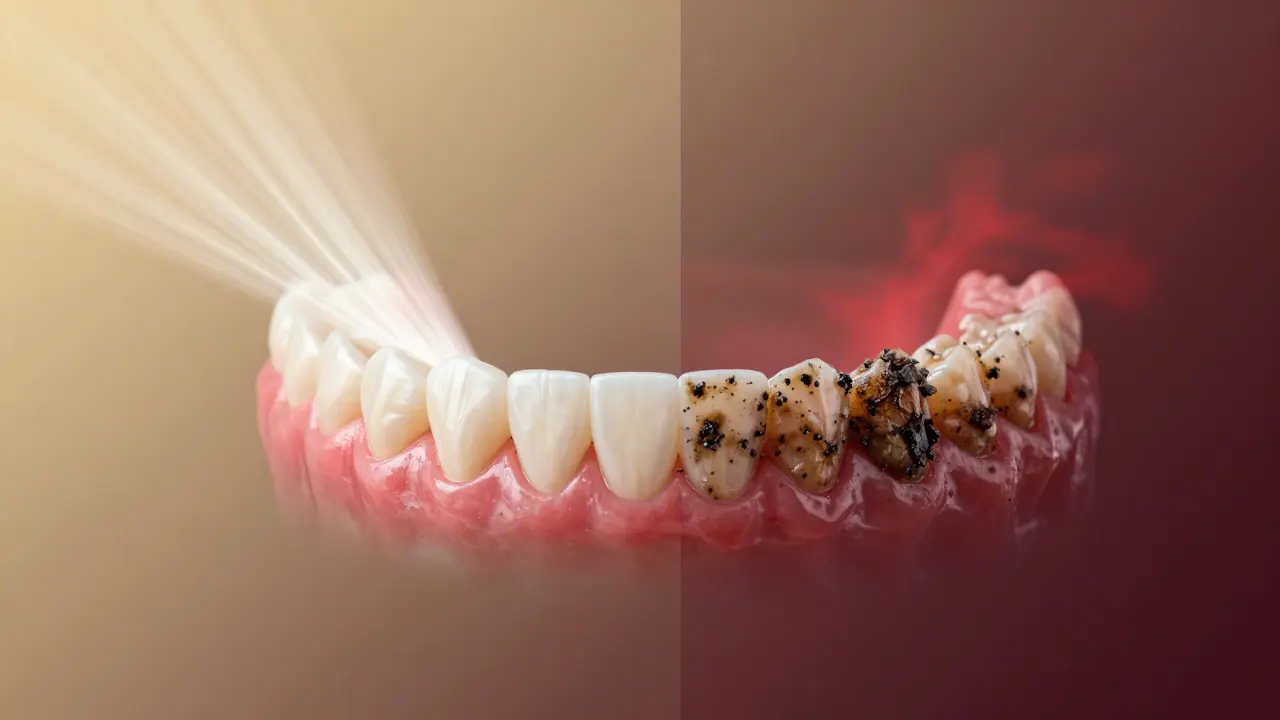 Dvě strany úst: zdravé zuby s čistým proudem vs. zubní kámen a zánět.