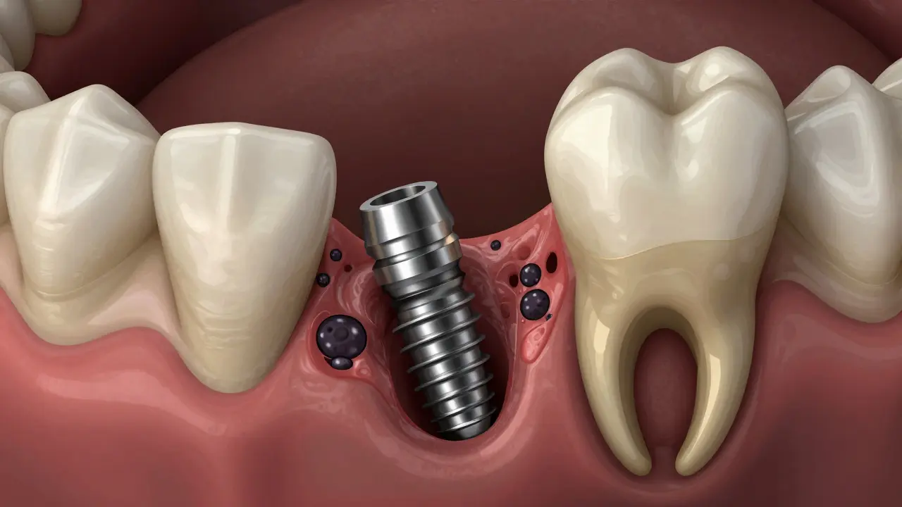 Failed dental implant surrounded by inflamed tissue and bone loss compared to a healthy integrated one.