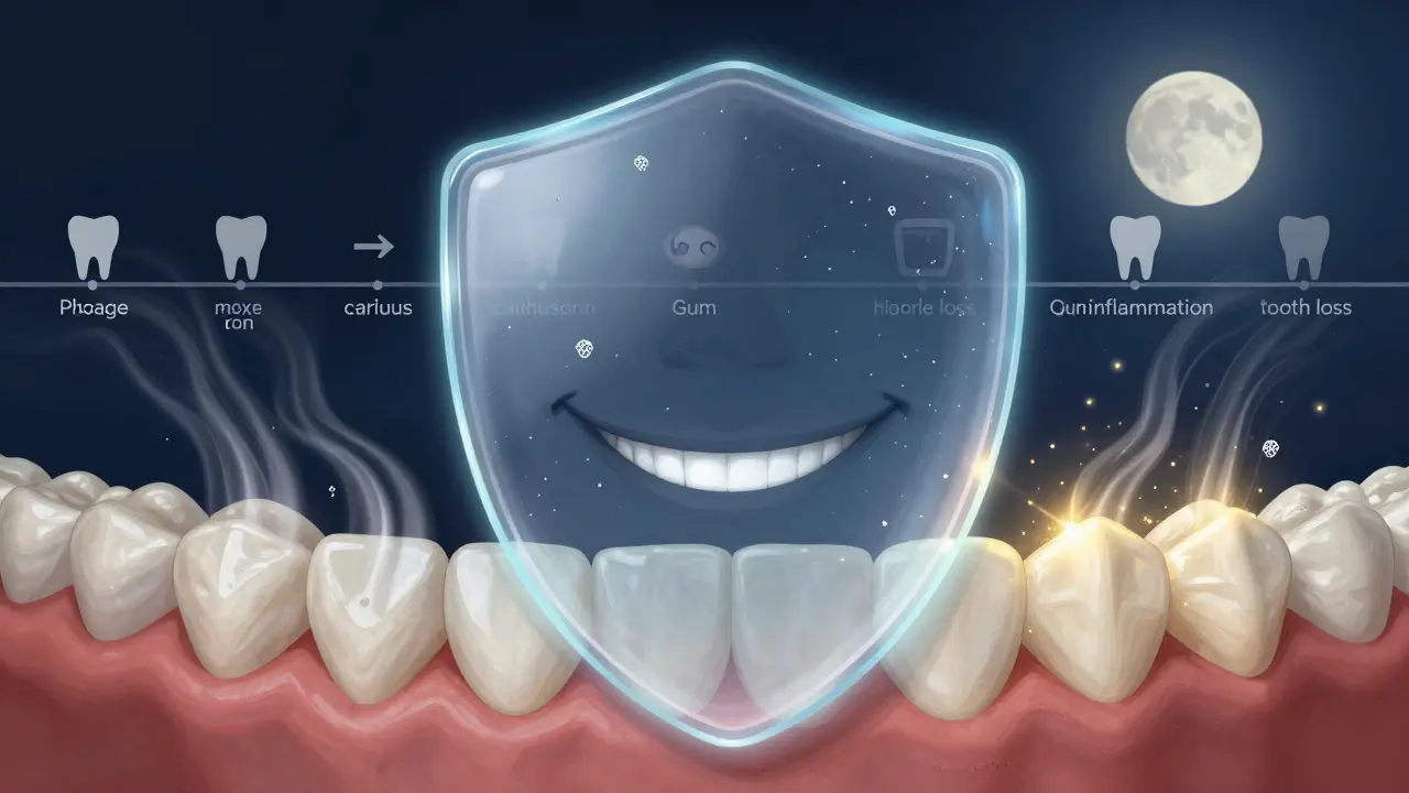 Healthy smile protected by an invisible enamel shield against tooth decay.