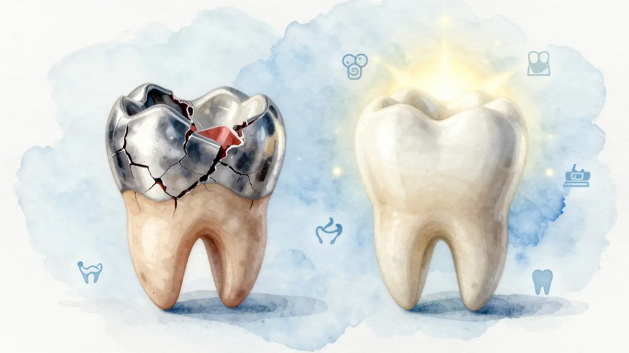 Keramická korunka v porovnání s kovovou – jedna trvá desítky let, druhá se rozpadá.