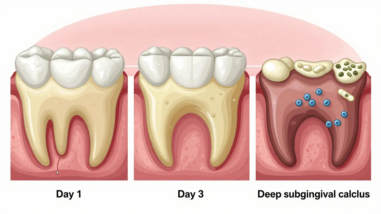 Krok za krokem tvorba zubního kamene od plaku k tvrdému nánosu pod dásněmi