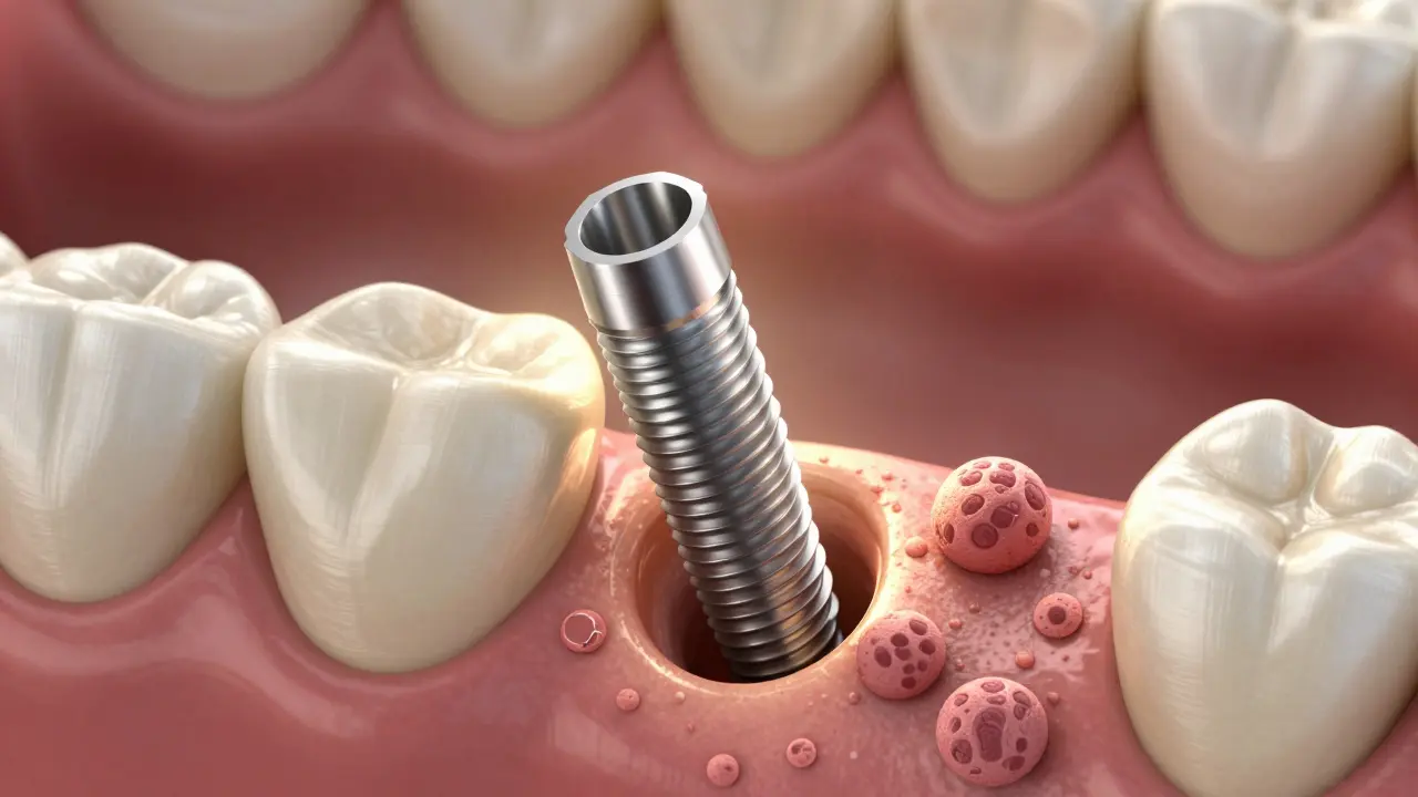 Microscopic view of bone growing around a titanium dental implant.