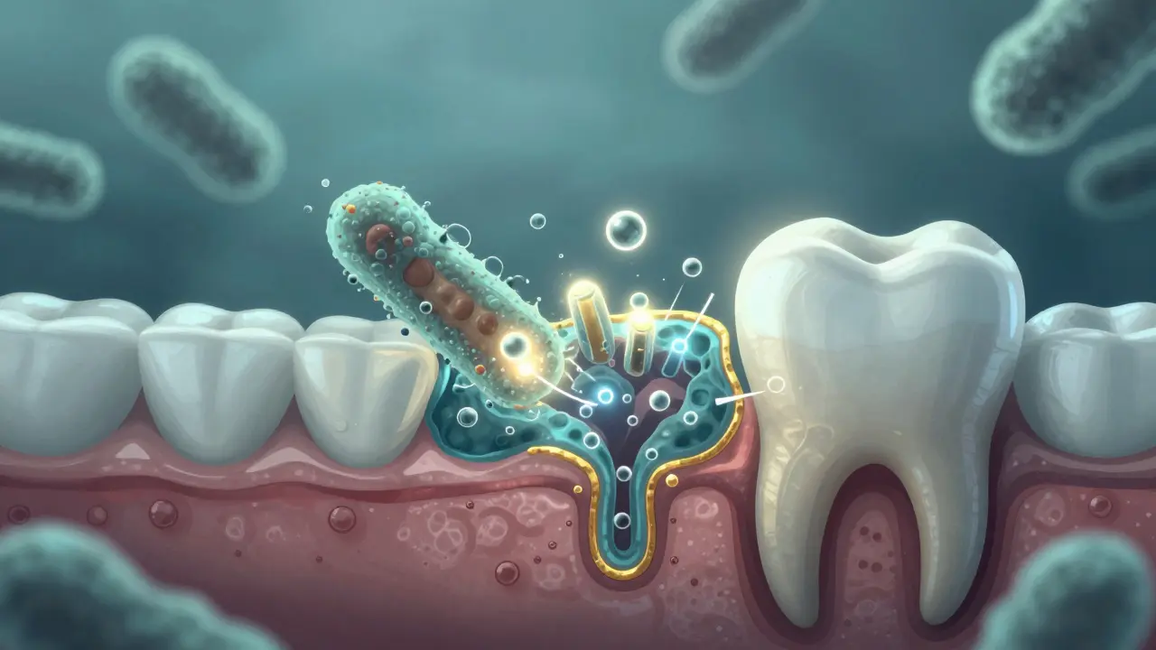 Mikroskopický pohled na remineralizaci emailu fluoridem proti kyselině v zubním plaku.