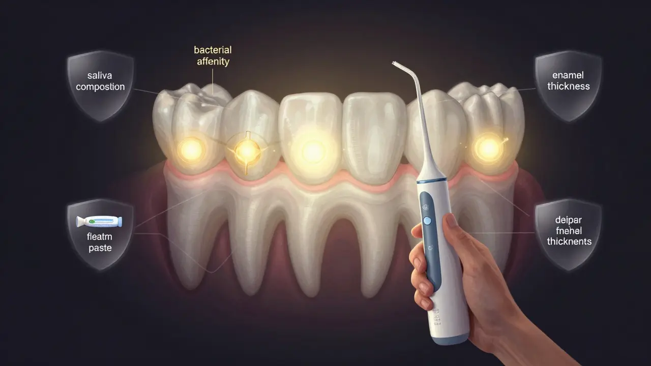 Osoba používá vodní proud před genetickou mapou zubů, která ukazuje aktivní geny.