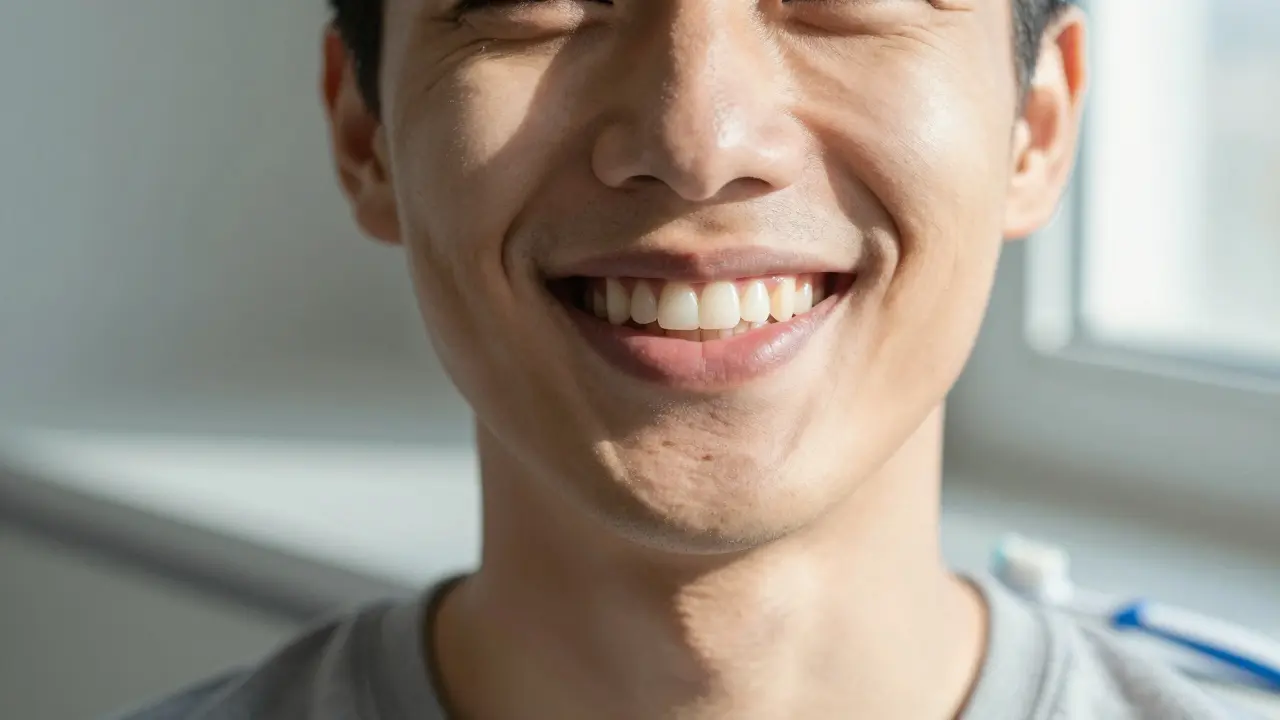 Patient smiling with natural-looking dental implant and oral care tools.