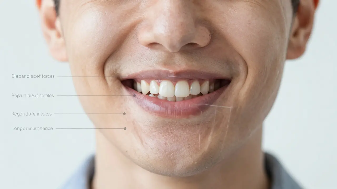 Patient with restored smile showing hidden elements of proper bite, hygiene, and long-term care.