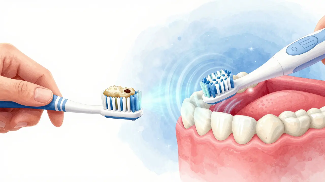 Porovnání ručního a sonického kartáčku: plak a zánět proti čistým zubům a zdravým dásním.
