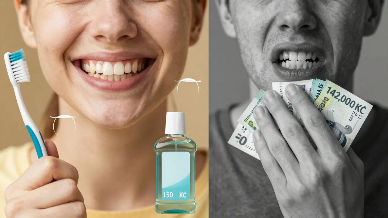 Porovnání zdravých zubů s náklady na léčbu — prevence vs. zanedbání.