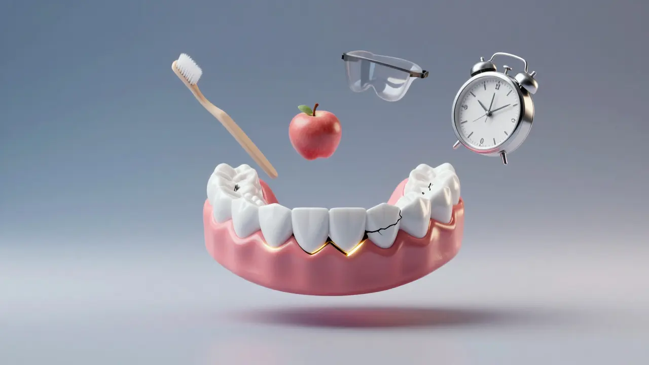 Prasklá zubní náhrada s zlatou opravnou čárou a symboly ochrany a péče v pozadí.