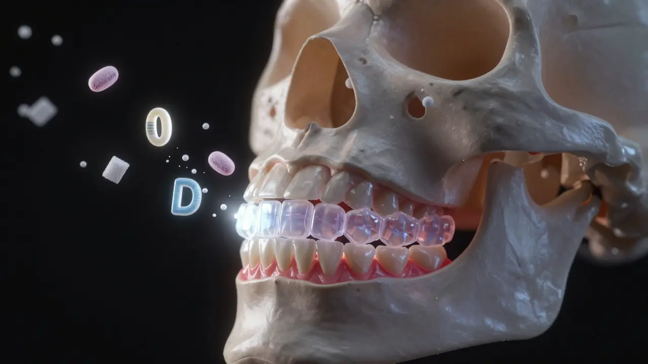 Přechod zubů v čelisti s výživovými prvky, neviditelná rovnátka a cukr se odstraňuje.