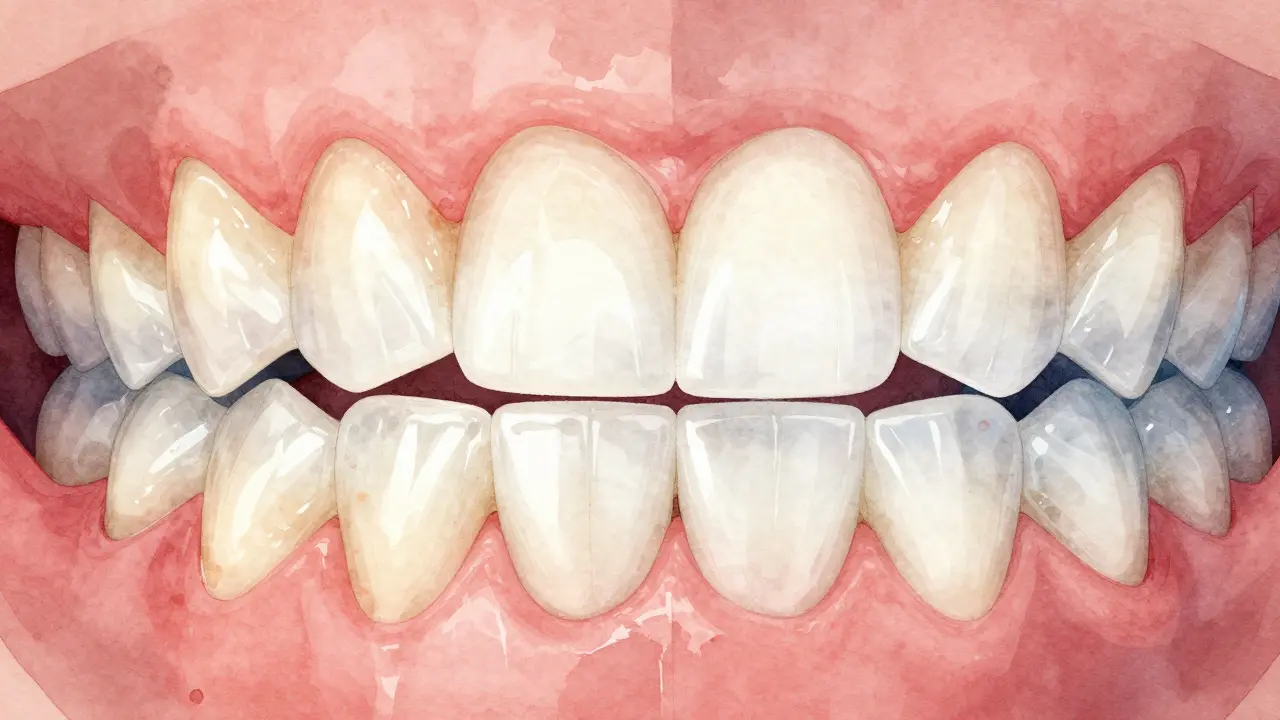 Před a po bělení zubů, rozdělený pohled na zubní skloviny.