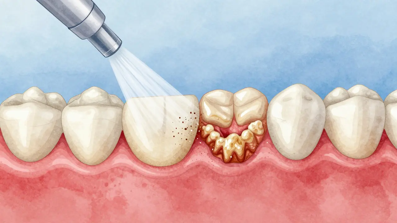 Přehled zubního kamene a zánětu dásní s jemným proudem čisticích částic.