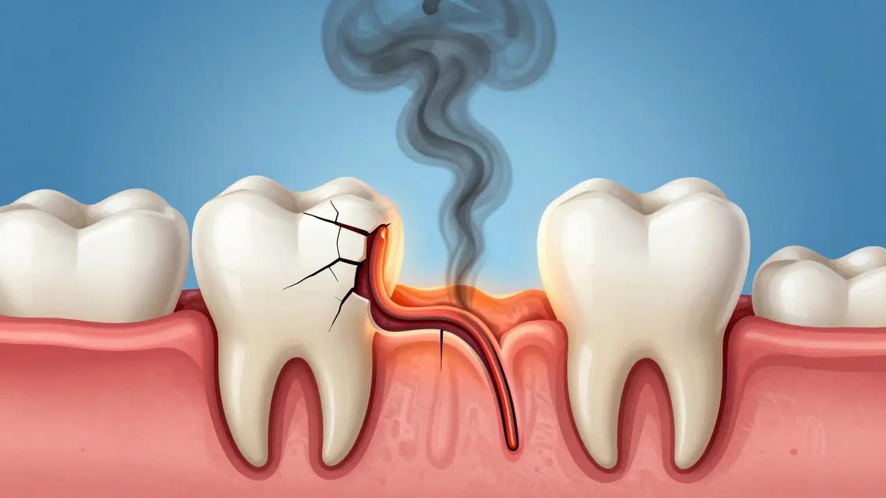 Průřez zubem s prasklinou, která sahá až k nervu, s bakteriemi proudícími dovnitř.