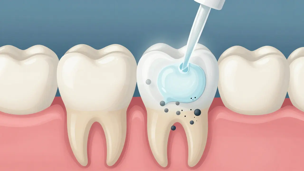 Průřez zubu ukazující, jak bělicí gel proniká do skloviny.