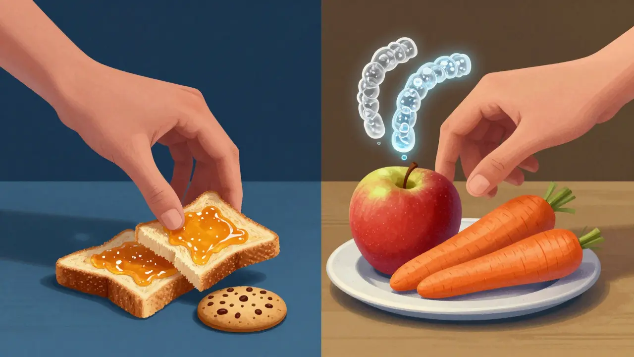 Rozdělený scénář: rychlé jídlo s cukrem vs. zdravé potraviny s rovnátky.