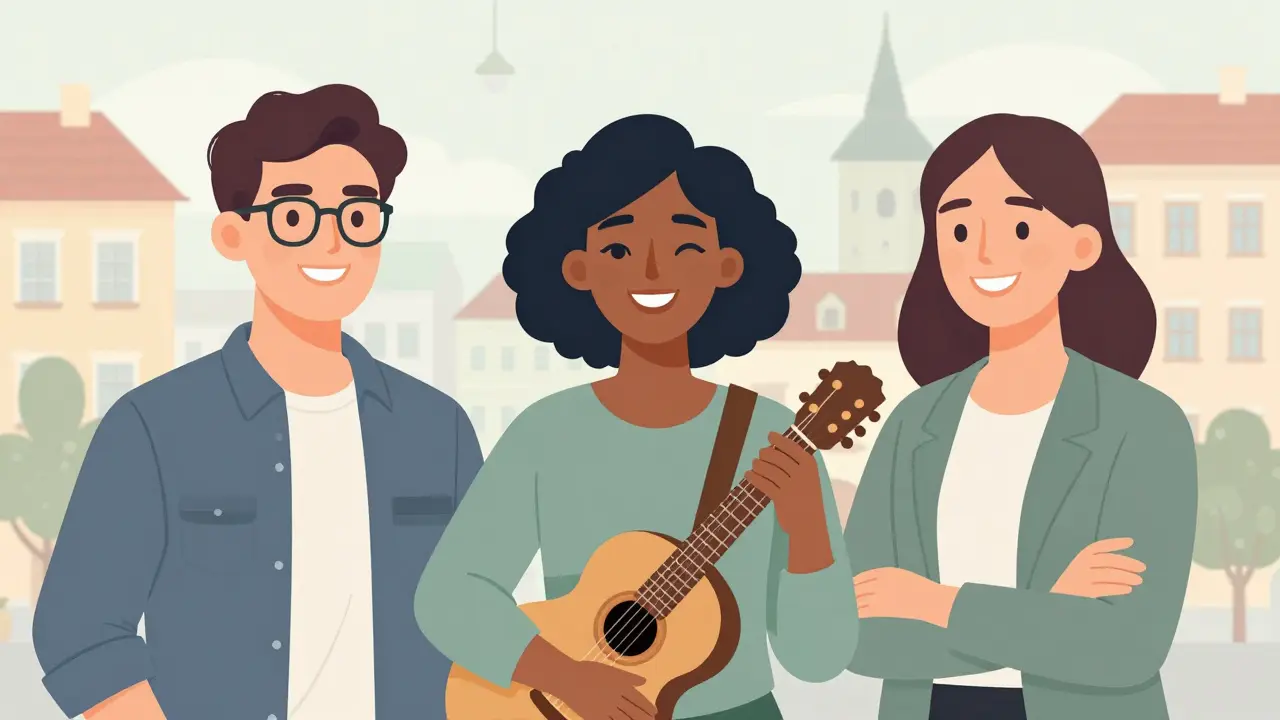 Tři lidé s mezerami mezi zuby se smějí v městském prostředí s kulturními motivy.