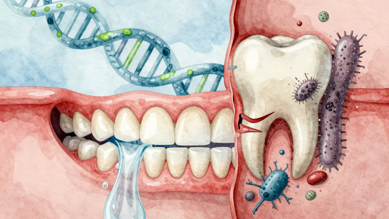 Umělecká ilustrace rozdělené tváře: jedna strana se zdravými zuby, druhá s karies a bakteriemi.