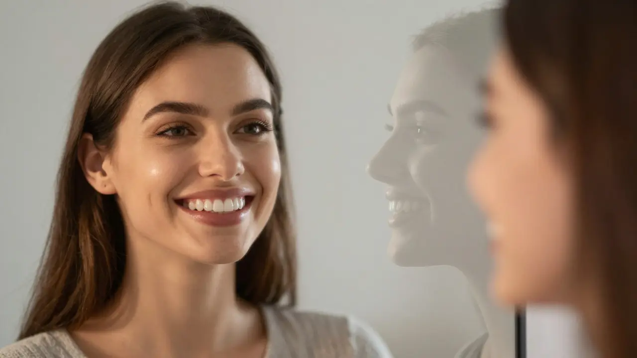 Woman smiling in mirror with ceramic veneers, reflecting a more radiant version of herself.