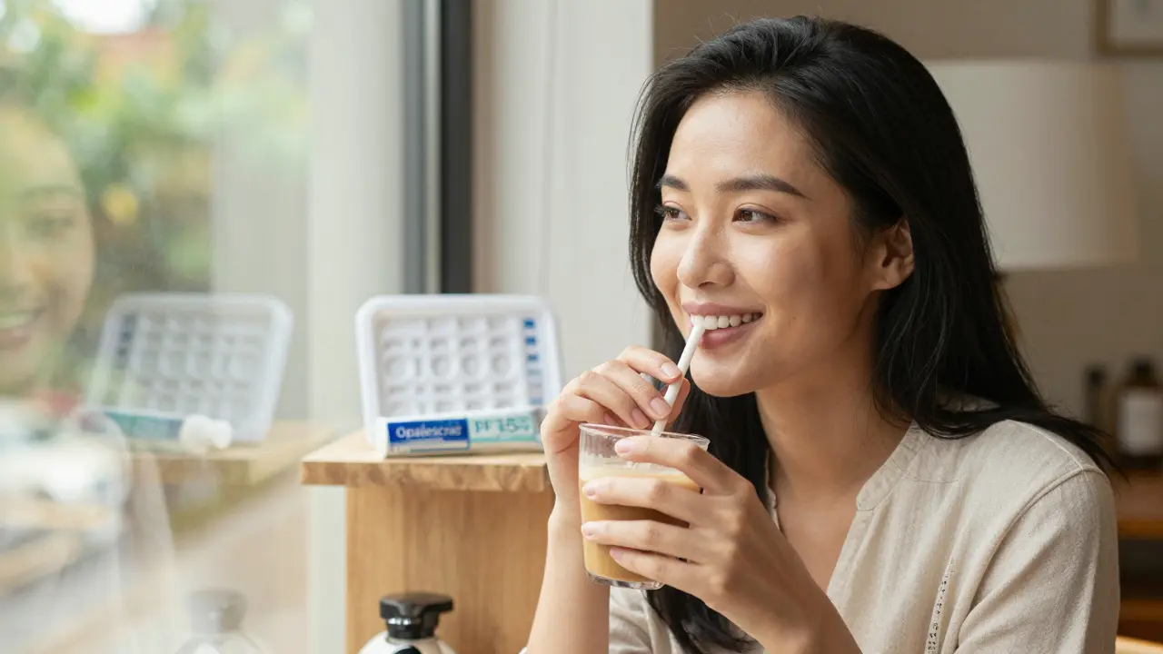 Žena pije kávu přes slámku s bělými zuby a Opalescence produkty na pozadí.