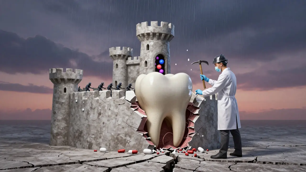 Zub jako hrad s bakteriemi uvnitř, antibiotika jako dešť, který nedosáhne, a zubní lékař jej prolomí.