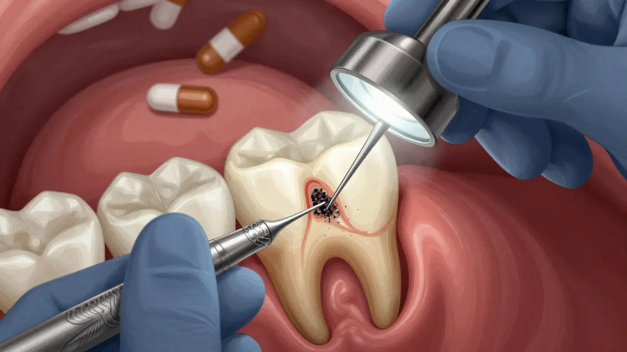 Zubní lékař čistí kořenový kanálek nástroji, odstraňuje infekční odpad.