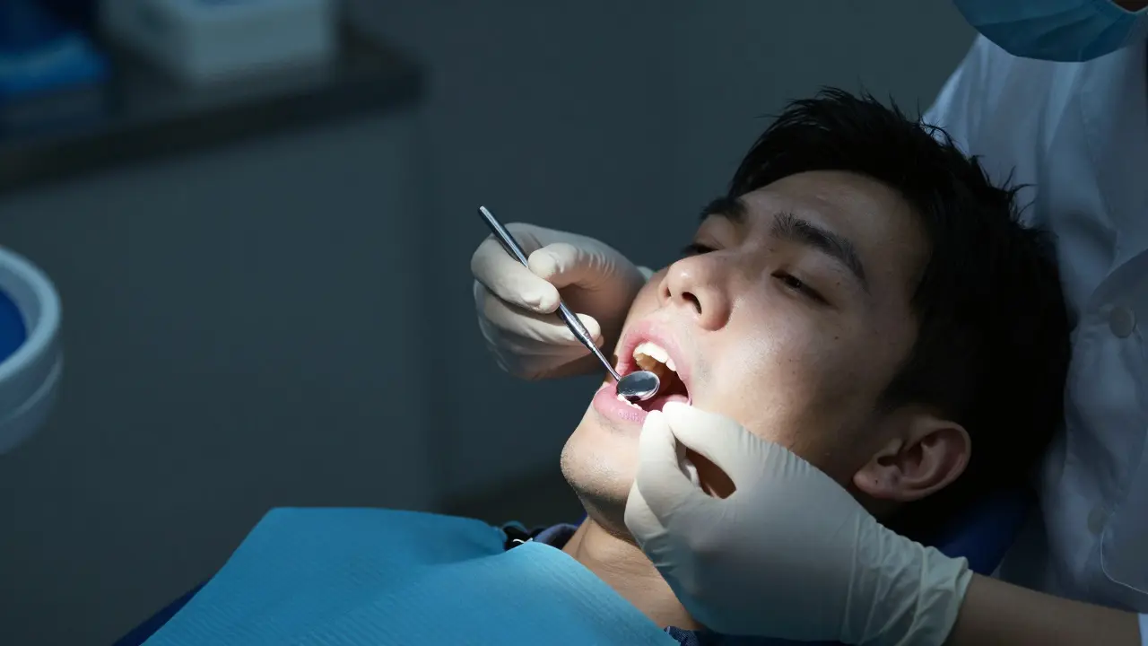 Zubní lékař prohledává zub diagnostickým zrcátkem, aby odhalil skrytou prasklinu v klinice.