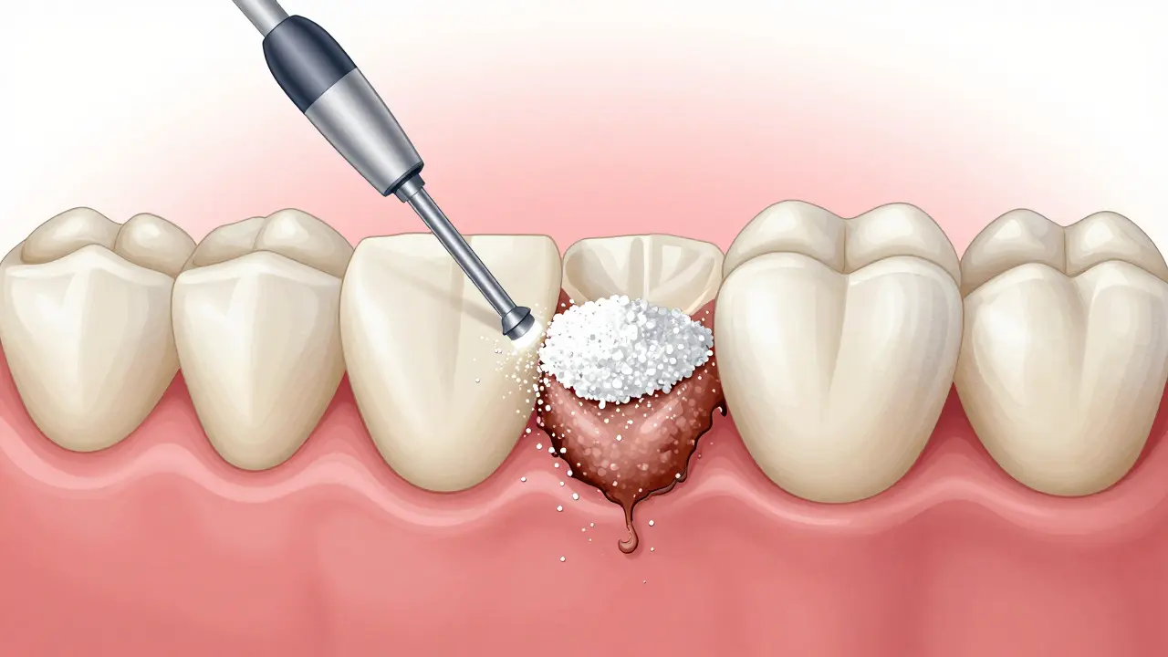 Zvětšený pohled na odstranění zubního kamene z povrchu zubu.