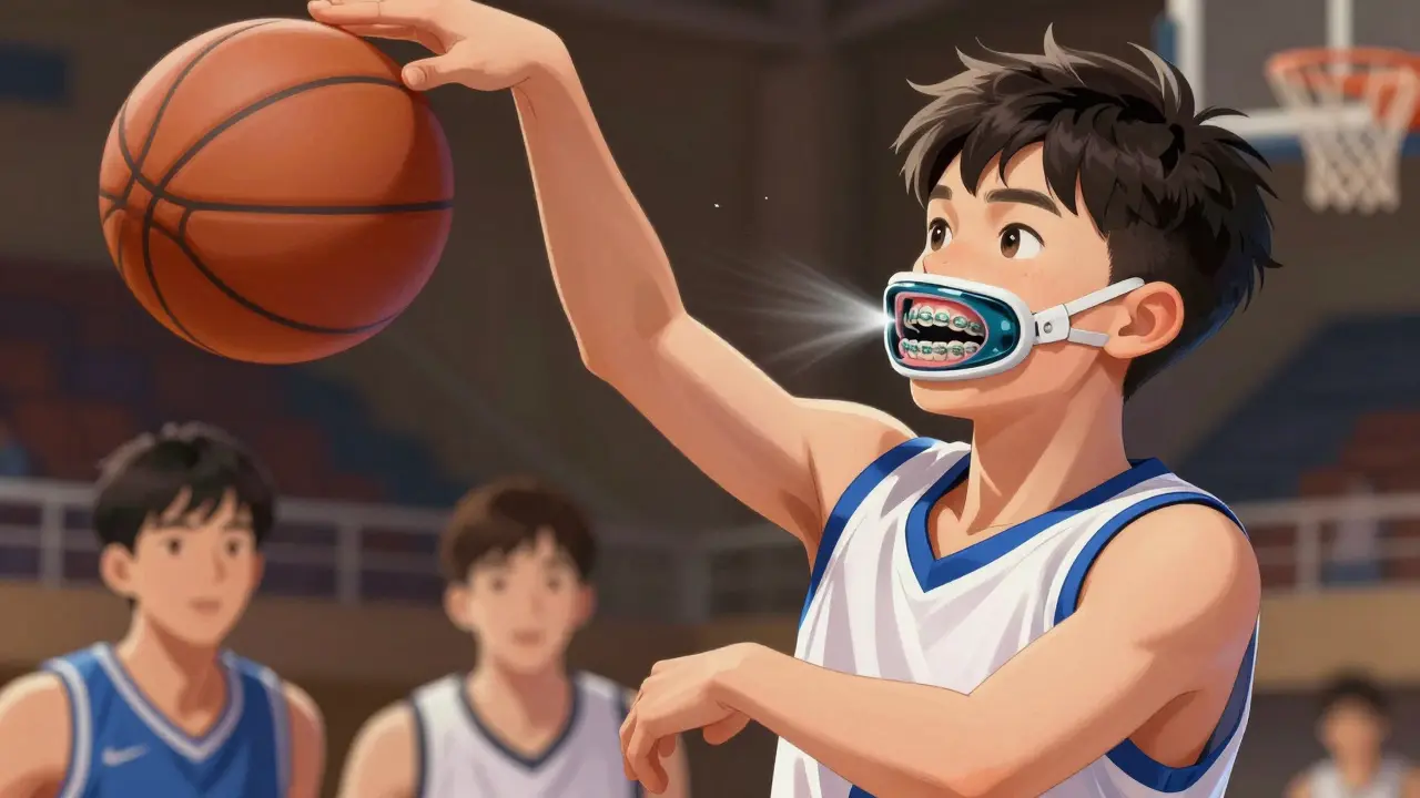 Basketbalista s rovnátky skáče s ochranným štítem.