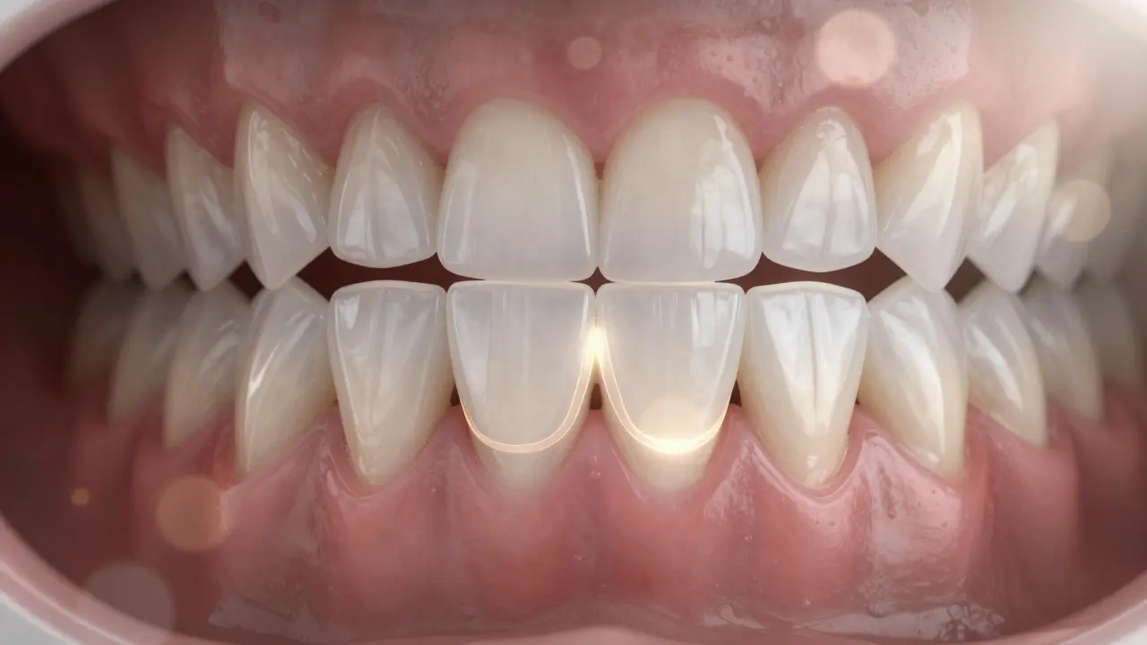 Ceramic veneers bonded to teeth, creating a natural, radiant smile.