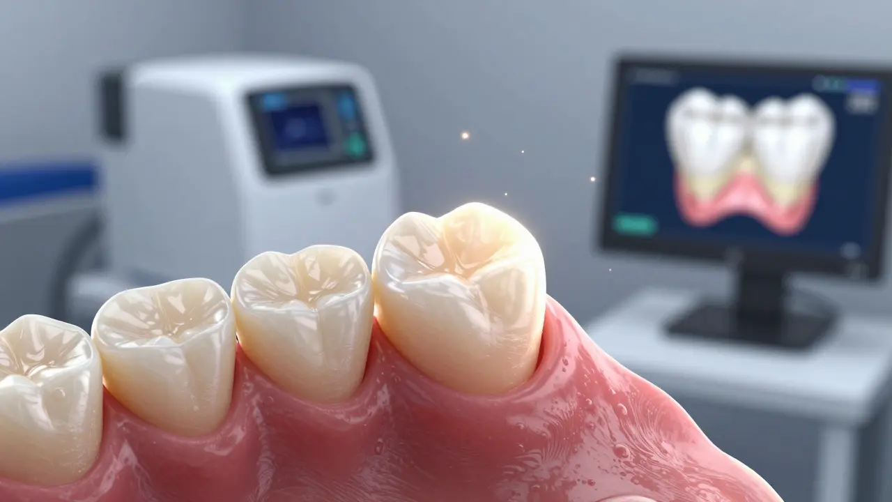 Close-up of a ceramic dental crown being precisely fitted onto a tooth at the gumline.