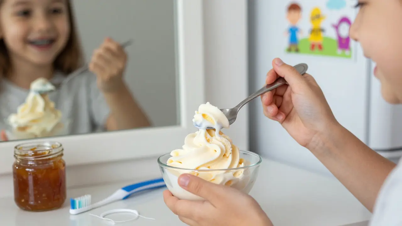 Dítě jedí měkkou zmrzlinu s viditelnými rovnátky, vedle něj jsou zubní potřeby.