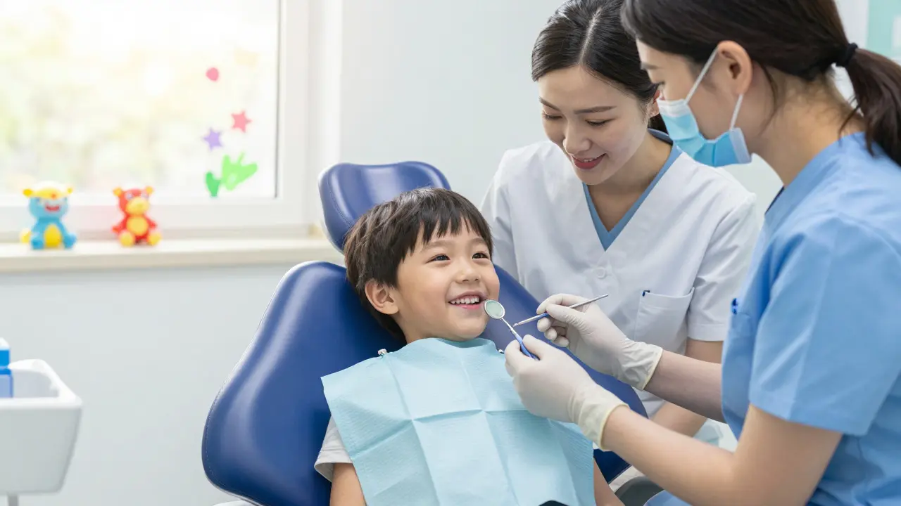 Dítě sedí u zubního lékaře a podívejí se do zrcadla, rodič stojí vedle s úsměvem.