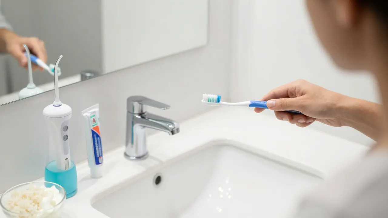 Dospělý čistí zuby speciálním kartáčkem po nasazení rovnátek s důrazem na hygienické postupy.