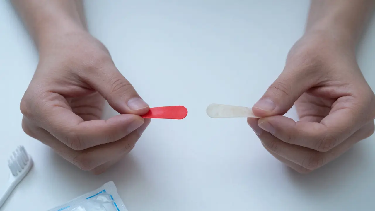 Dvě gumičky vedle sebe: nová a opotřebovaná, s chladícím balíčkem a kartáčkem.