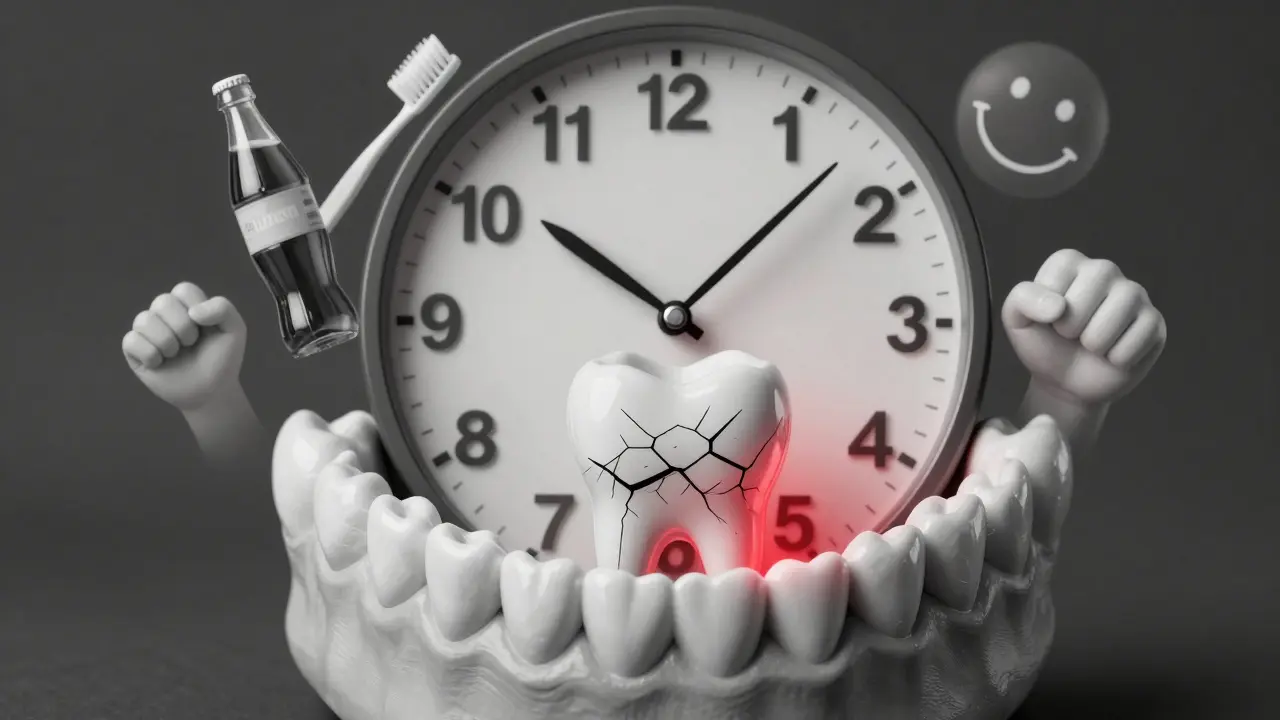 Hodiny v čelisti ukazují časový limit citlivosti zubů, kolem nich symboly škodlivých návyků.