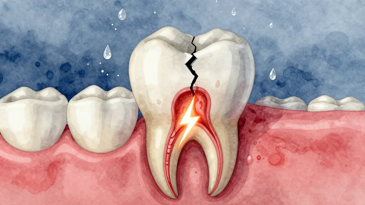 Jeden horní řezák s viditelným zánětem nervu a odstupující dásně, kapky vody kolem něj.