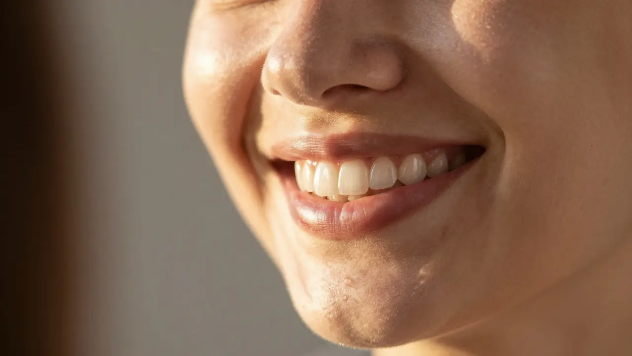 Muž se usmívá do zrcadla s přirozeně vypadajícími fazetami na předních zubech.