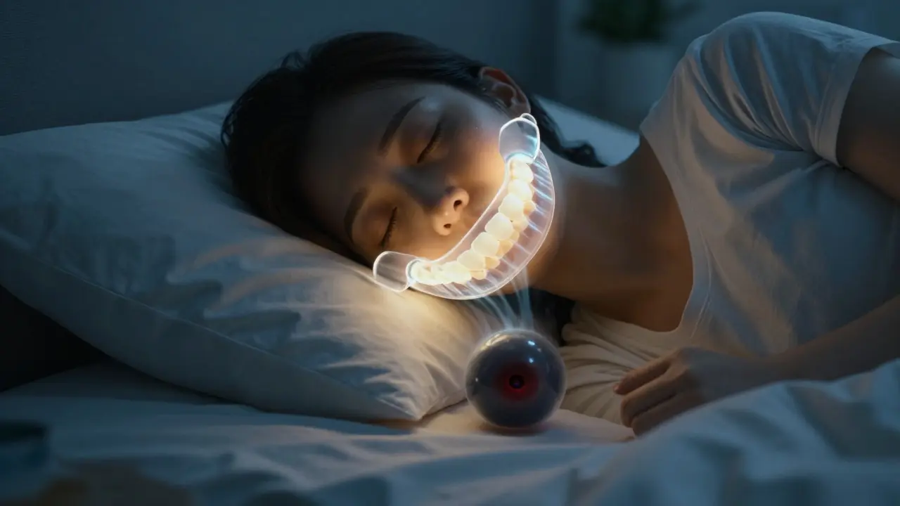 Noční štít chrání zuby během spánku, pod nimi se tvoří temný absces.