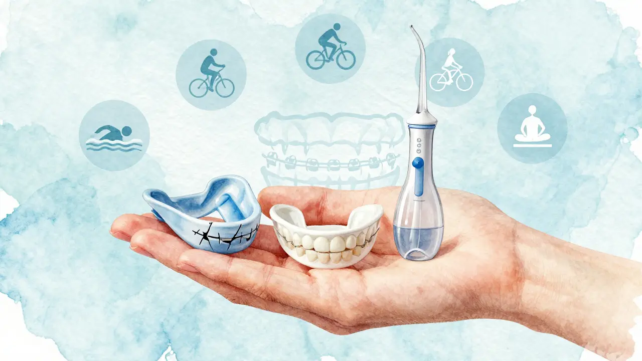 Ochranné pomůcky pro lidi s rovnátky: štít, vodní fúzka a standardní štít.