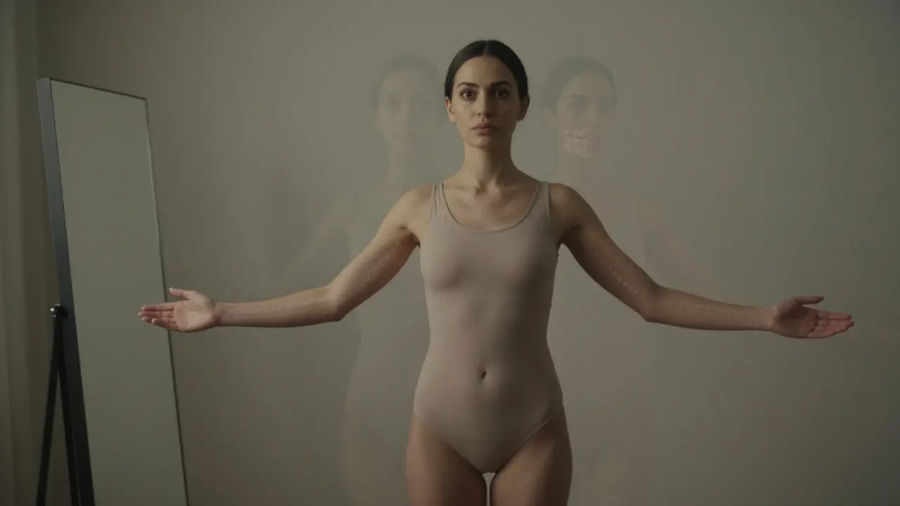 Osoba se dívá do zrcadla s klidnou sebevědomostí, záře změny v obličeji je jen stínem za ní.