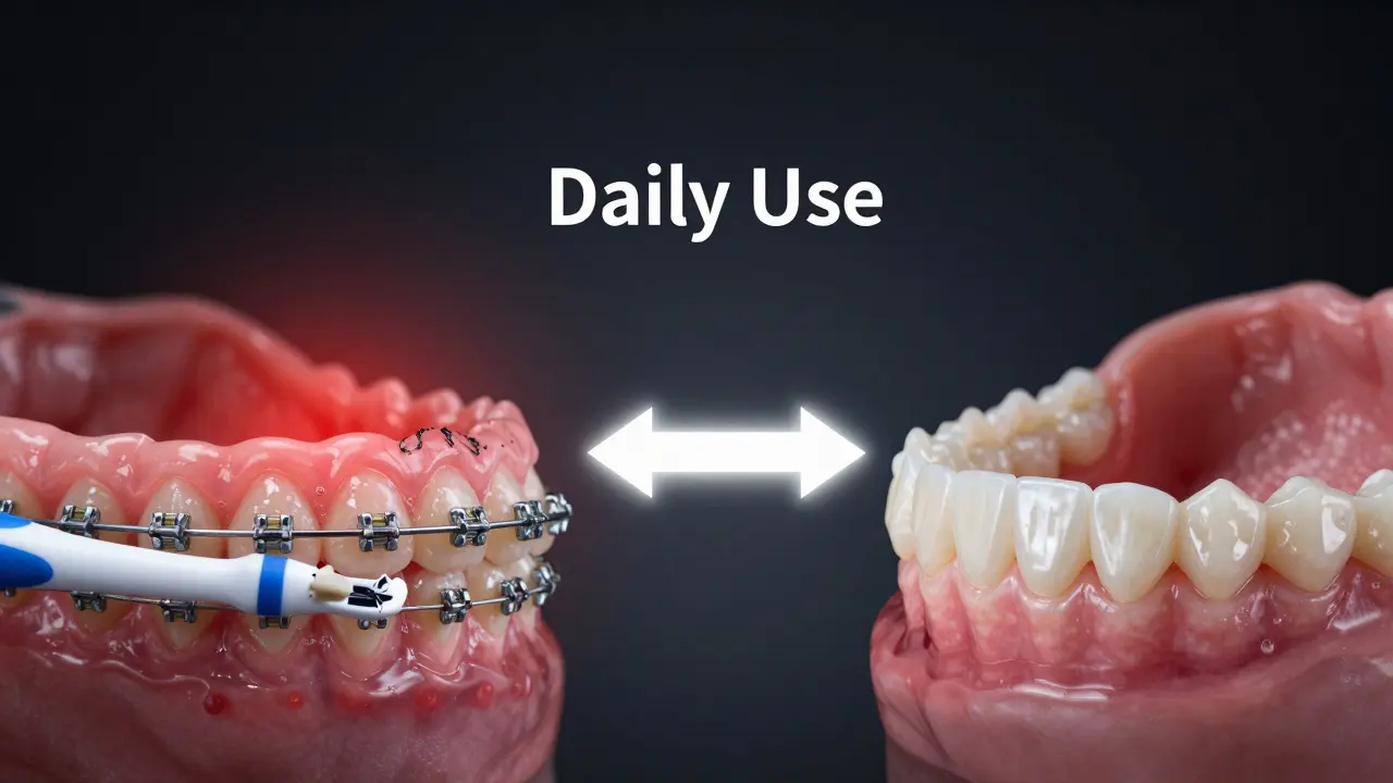 Porovnání zdravých a nemocných dásní při nošení rovnátek s důrazem na denní čištění.